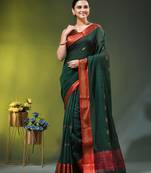 dark green mulmul cotton blend saree with zari work