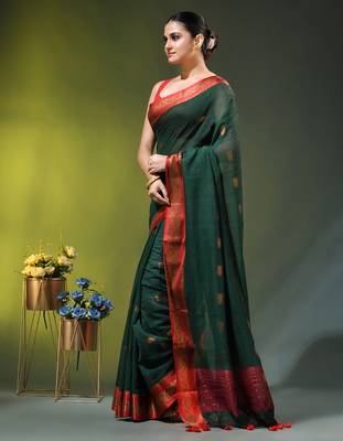 dark green mulmul cotton blend saree with zari work 3