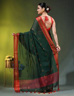 dark green mulmul cotton blend saree with zari work 4