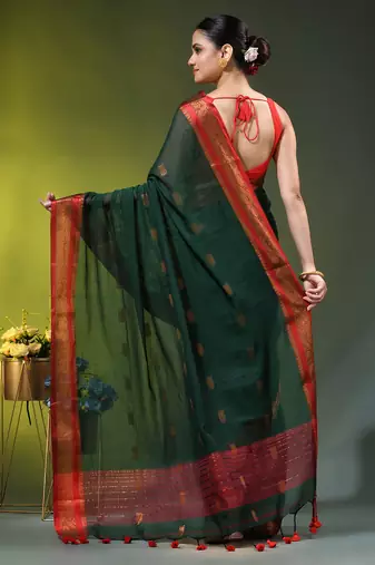 dark green mulmul cotton blend saree with zari work