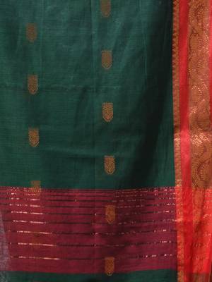 dark green mulmul cotton blend saree with zari work 5
