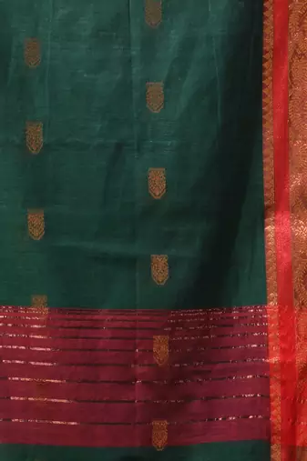 dark green mulmul cotton blend saree with zari work