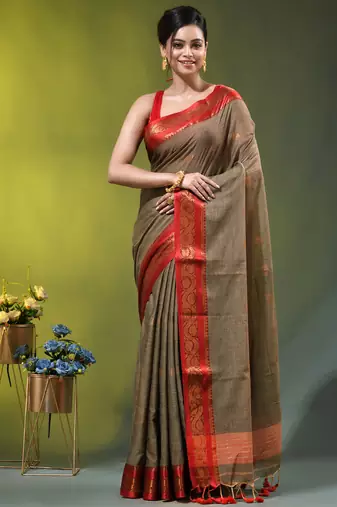 grey mulmul cotton blend saree with zari work