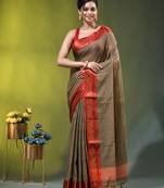 grey mulmul cotton blend saree with zari work