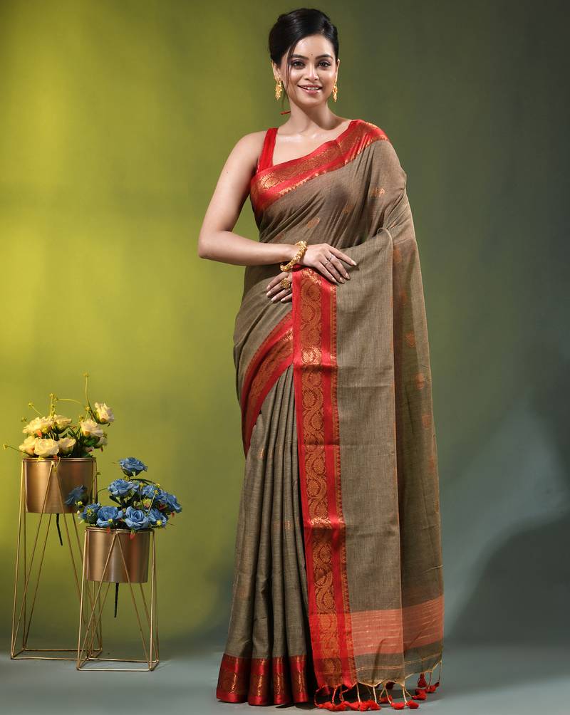 grey mulmul cotton blend saree with zari work