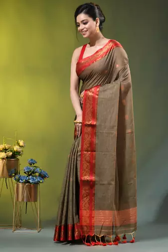 grey mulmul cotton blend saree with zari work