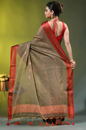 grey mulmul cotton blend saree with zari work