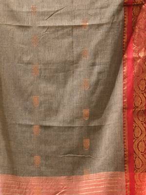 grey mulmul cotton blend saree with zari work 5