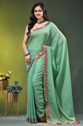 sky blue solid mulmul cotton blend saree with contrast border