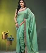 sky blue solid mulmul cotton blend saree with contrast border