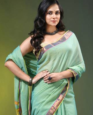sky blue solid mulmul cotton blend saree with contrast border 2