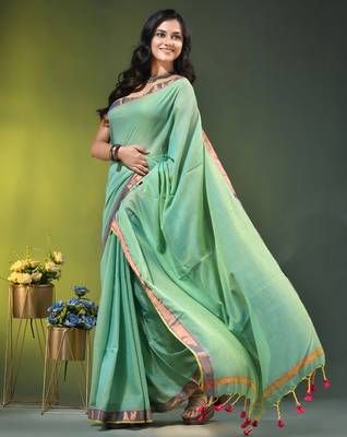 sky blue solid mulmul cotton blend saree with contrast border 3