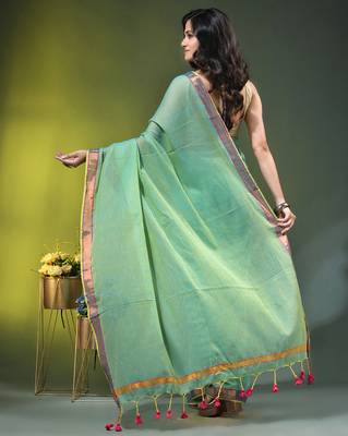 sky blue solid mulmul cotton blend saree with contrast border 4