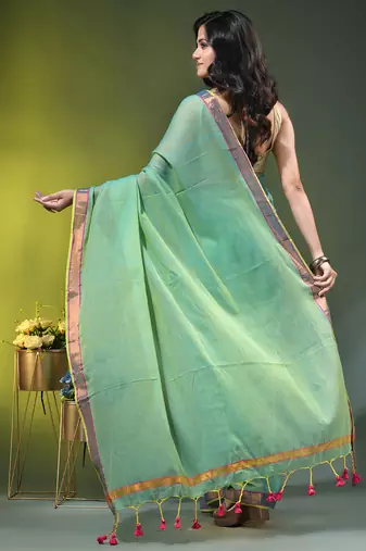 sky blue solid mulmul cotton blend saree with contrast border