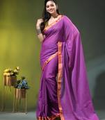 purple solid mulmul cotton blend saree with contrast border