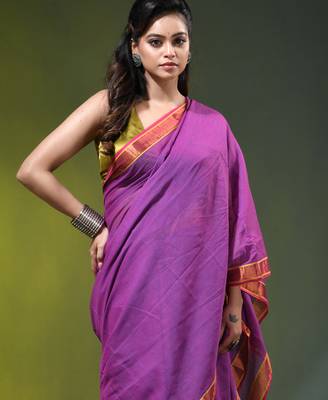 purple solid mulmul cotton blend saree with contrast border 2