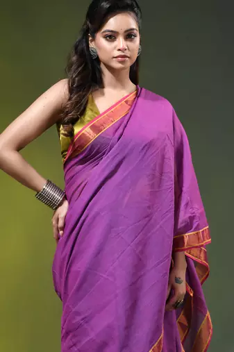 purple solid mulmul cotton blend saree with contrast border