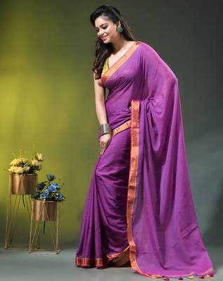 purple solid mulmul cotton blend saree with contrast border 3
