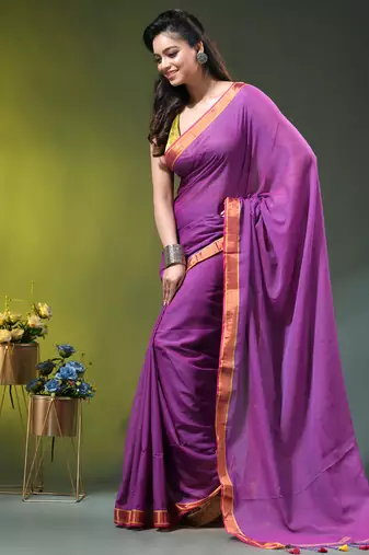 purple solid mulmul cotton blend saree with contrast border