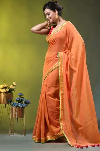 orange solid mulmul cotton blend saree with contrast border