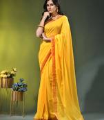 yellow solid mulmul cotton blend saree with contrast border