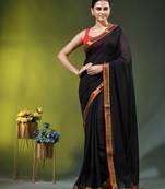 black solid mulmul cotton blend saree with contrast border