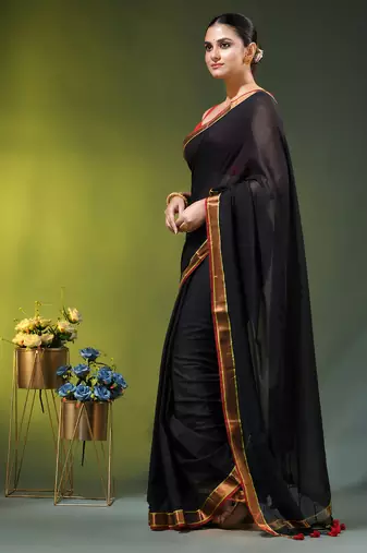 black solid mulmul cotton blend saree with contrast border