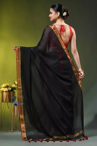 black solid mulmul cotton blend saree with contrast border