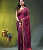 magenta solid mulmul cotton blend saree with contrast border