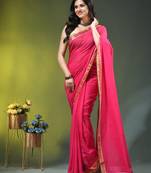 fuchsia solid mulmul cotton blend saree with contrast border