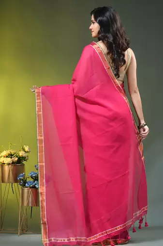 fuchsia solid mulmul cotton blend saree with contrast border