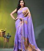 lilac mulmul cotton blend saree with golden hibiscus foil print