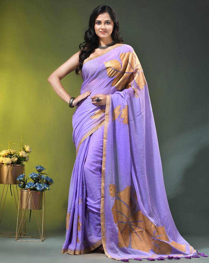 lilac mulmul cotton blend saree with golden hibiscus foil print