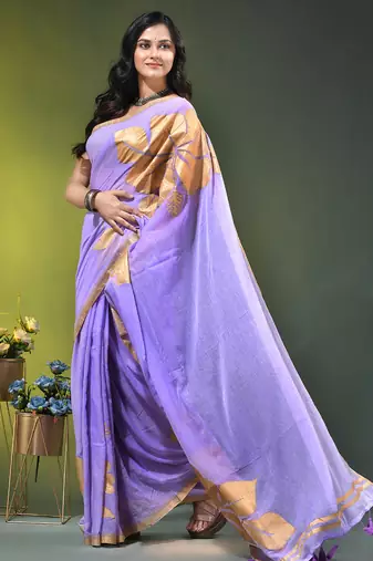 lilac mulmul cotton blend saree with golden hibiscus foil print