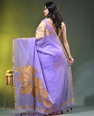 lilac mulmul cotton blend saree with golden hibiscus foil print 4