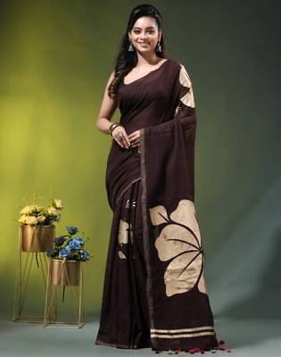 brown mulmul cotton blend saree with golden hibiscus foil print 1
