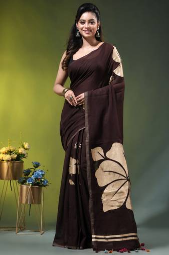 brown mulmul cotton blend saree with golden hibiscus foil print