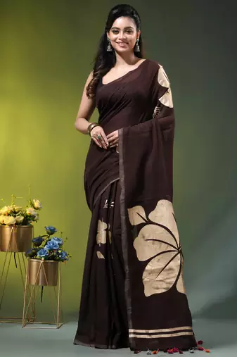 brown mulmul cotton blend saree with golden hibiscus foil print