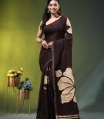 brown mulmul cotton blend saree with golden hibiscus foil print