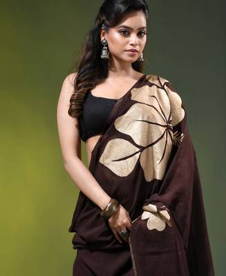 brown mulmul cotton blend saree with golden hibiscus foil print 2