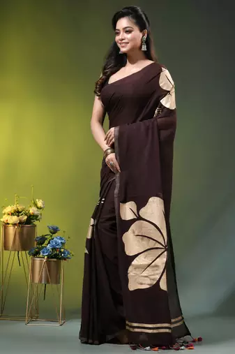 brown mulmul cotton blend saree with golden hibiscus foil print