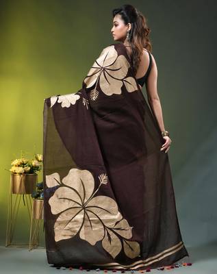 brown mulmul cotton blend saree with golden hibiscus foil print 4
