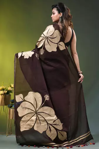 brown mulmul cotton blend saree with golden hibiscus foil print