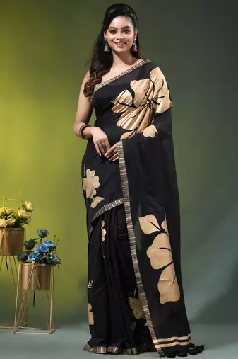 black mulmul cotton blend saree with golden hibiscus foil print
