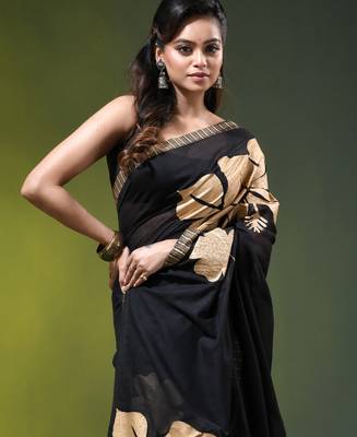 black mulmul cotton blend saree with golden hibiscus foil print 2