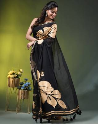 black mulmul cotton blend saree with golden hibiscus foil print 3