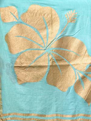 sea green mulmul cotton blend saree with golden hibiscus foil print 5