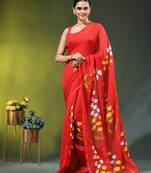 red mulmul saree with painted floral motifs