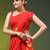 red mulmul saree with painted floral motifs