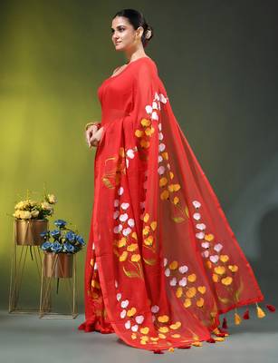red mulmul saree with painted floral motifs 3